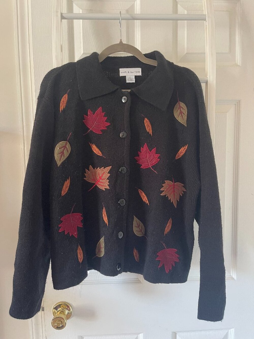 Vtg Croft & Barrow Autumn Black Fall Leaf Embroidered Cardigan Sweater L
